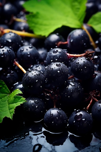 There are a lot of wet blackcurrant fruits Selective focus