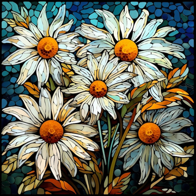 there are a lot of white flowers in a vase on a stained glass generative ai