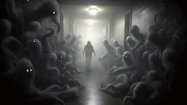 there are many aliens in the hallway of a building generative ai