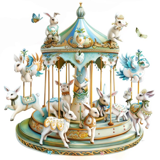 there are many animals on a carousel with a white background generative ai