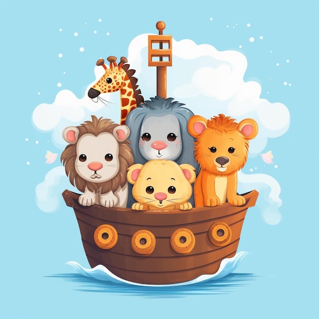 Photo there are many animals that are sitting in a boat together generative ai