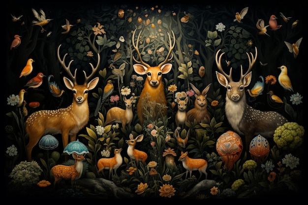 사진 숲 속에 함께 서 있는 많은 동물들이 있습니다.
