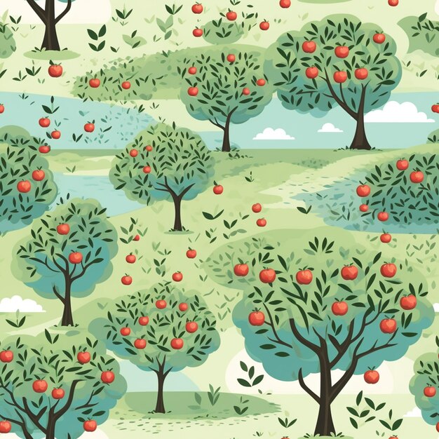 There are many apples growing on trees in the field generative ai