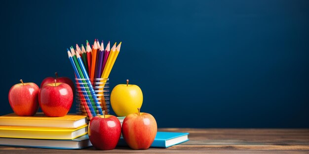 There are many apples and pencils on a table with books generative ai