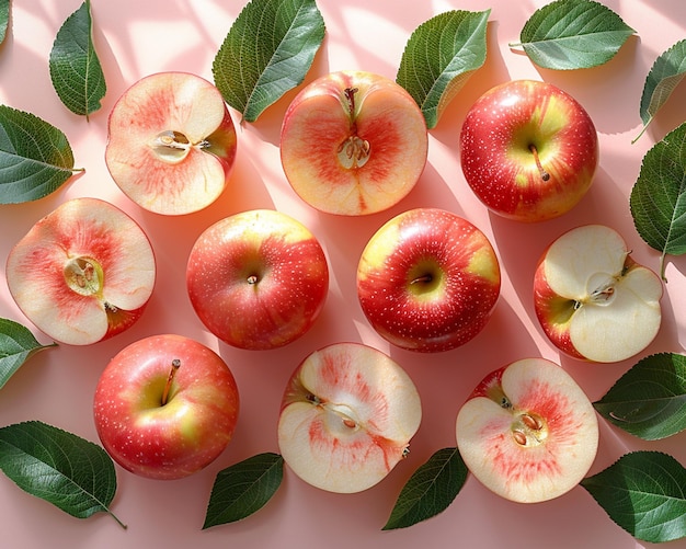 there are many apples that are cut in half and placed on a table generative ai