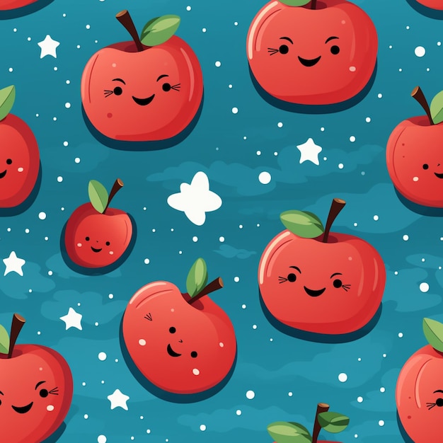 There are many apples with faces and stars on the blue background generative ai