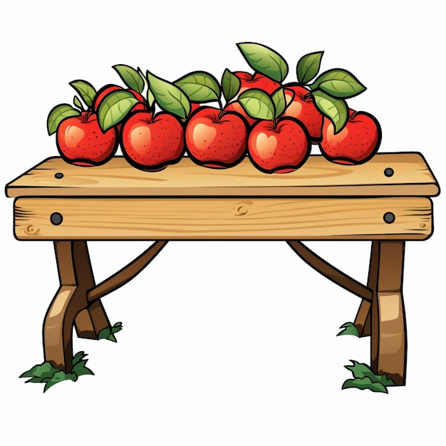 there are many apples on a wooden table with leaves generative ai