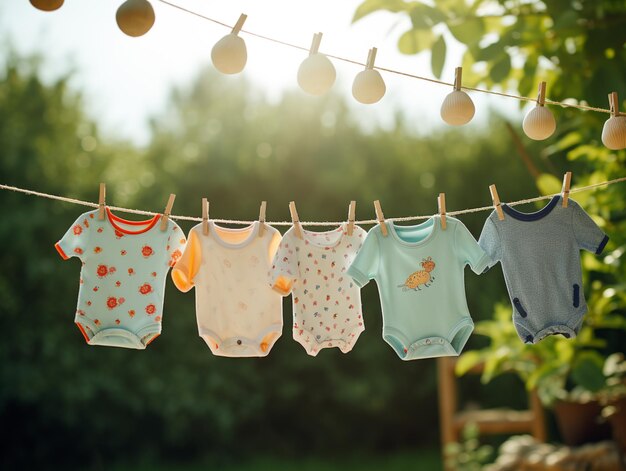 there are many baby ones hanging on a clothes line generative ai