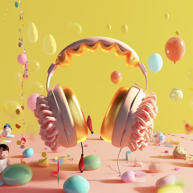 There are many balloons and balloons floating around a pair of headphones generative ai