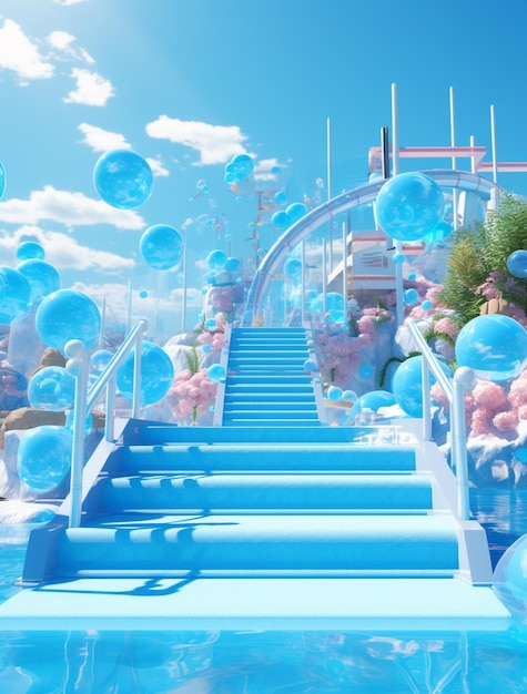 There are many balloons floating in the air near a set of stairs generative ai
