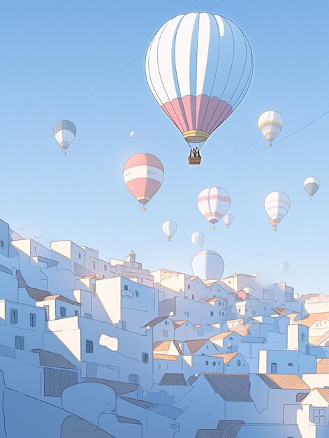 над городом с домами с генеративным искусственным интеллектом летает много воздушных шаров