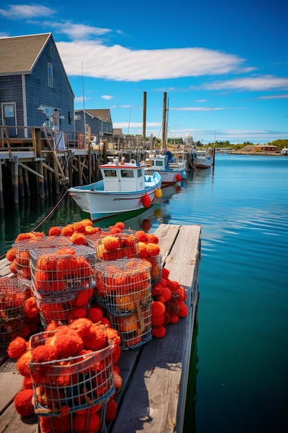 There are many baskets of tomatoes on the dock next to a boat generative ai