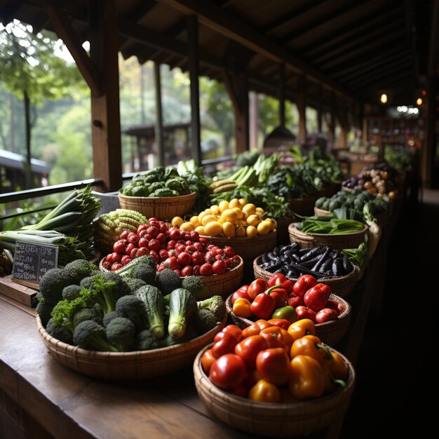 Photo there are many baskets of vegetables on the table outside generative ai