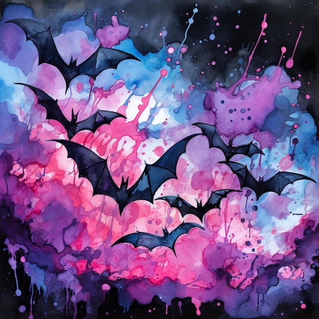 There are many bats flying in the sky with pink and blue paint generative ai