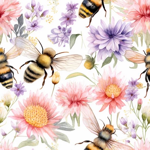 there are many bees that are flying around the flowers generative ai