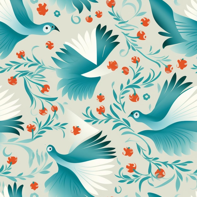 there are many birds flying around a flowery pattern generative ai