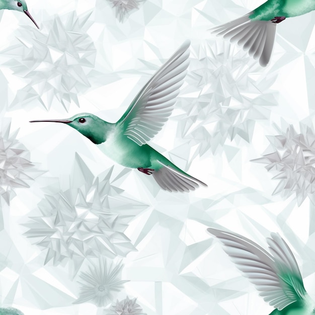 there are many birds flying around a white background with snowflakes generative ai