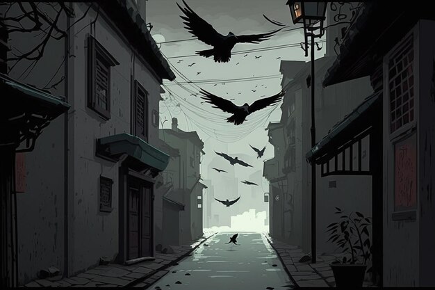 There are many birds flying over a narrow alley way generative ai