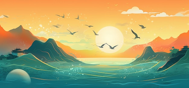 There are many birds flying over the water at sunset generative ai