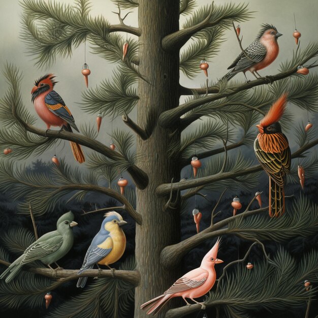 there are many birds sitting on the branches of a tree generative ai