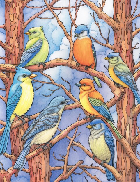 There are many birds sitting on the branches of a tree generative ai