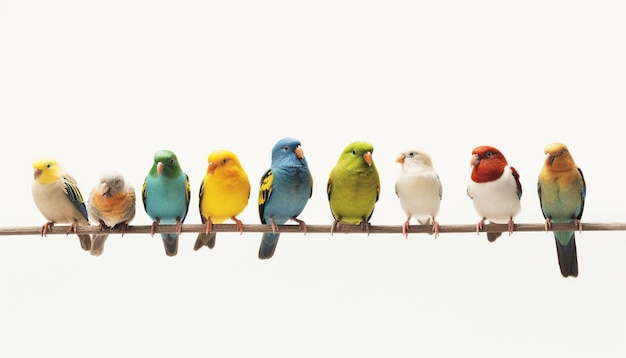 there are many birds sitting on a wire together on a white background generative ai