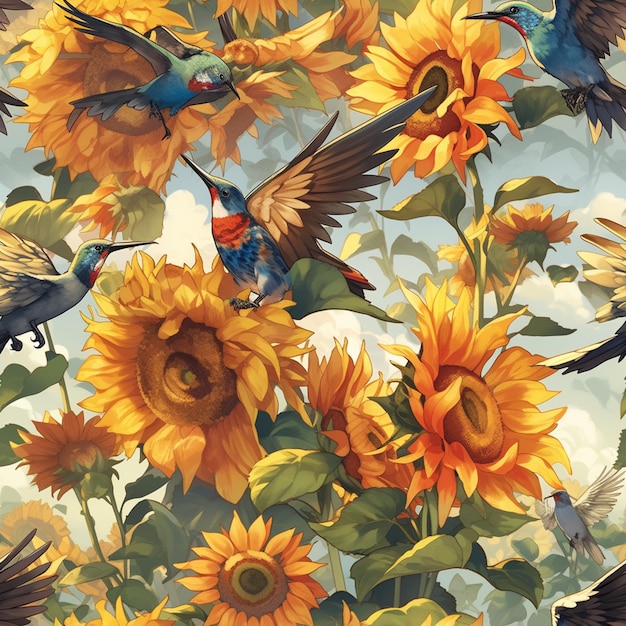 There are many birds and sunflowers in the field generative ai