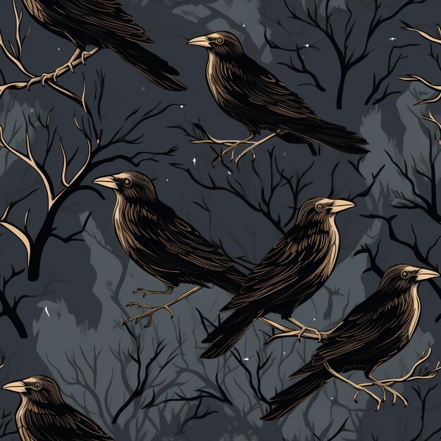 There are many black birds sitting on branches in the dark generative ai