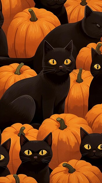 There are many black cats sitting in a large group of pumpkins generative ai