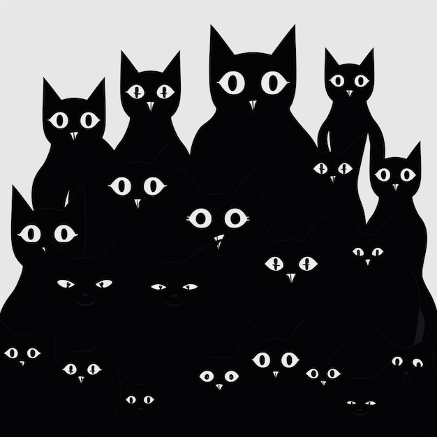 There are many black cats with big eyes sitting together generative ai