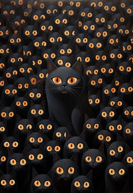 Photo there are many black cats with orange eyes in a large group generative ai