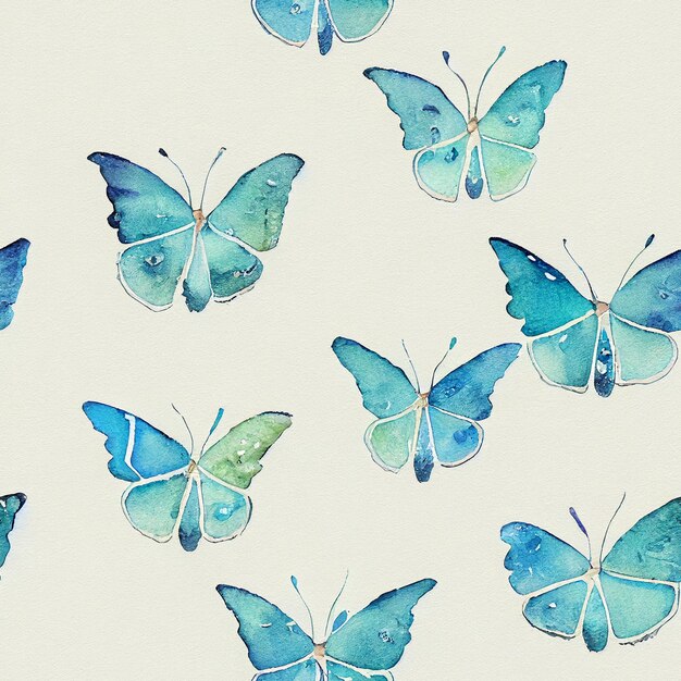 There are many blue butterflies painted on a white surface generative ai