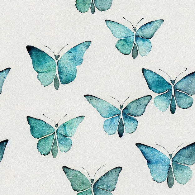 There are many blue butterflies painted on a white surface generative ai