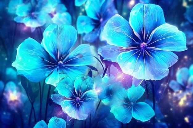 There are many blue flowers that are in the middle of a field generative ai