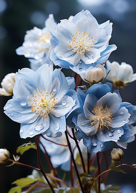 There are many blue flowers in a vase with water droplets generative ai