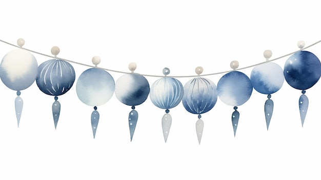 there are many blue and white balloons hanging from a string generative ai