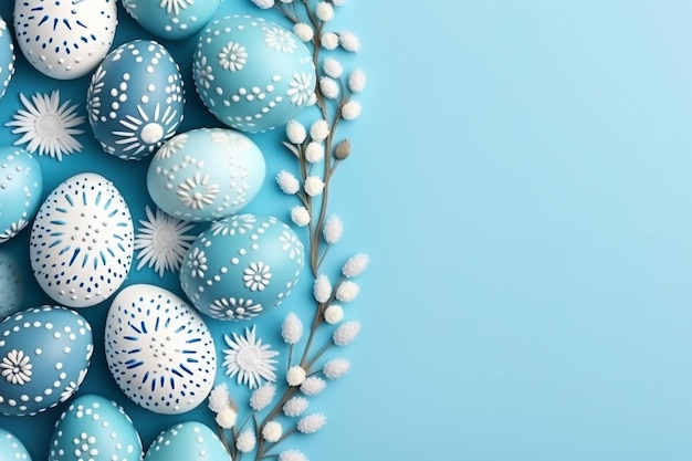 There are many blue and white eggs with white flowers on them generative ai