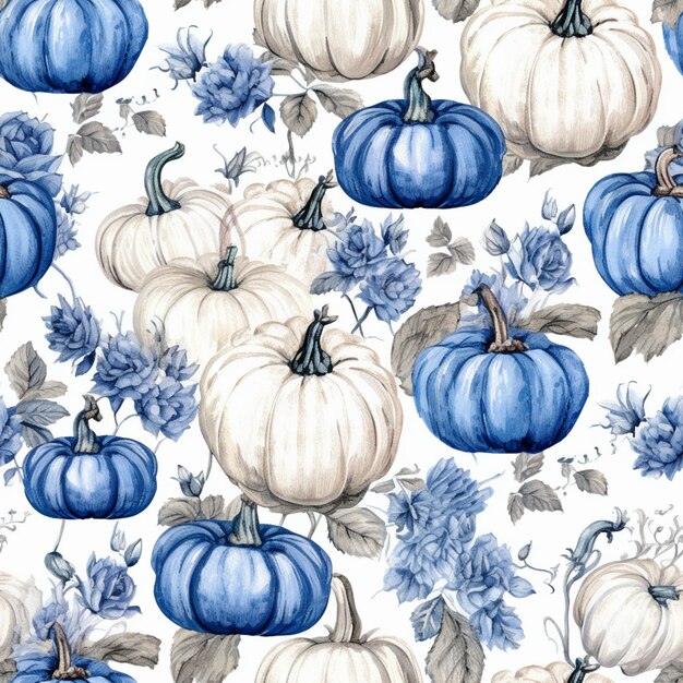 there are many blue and white pumpkins on a white background generative ai