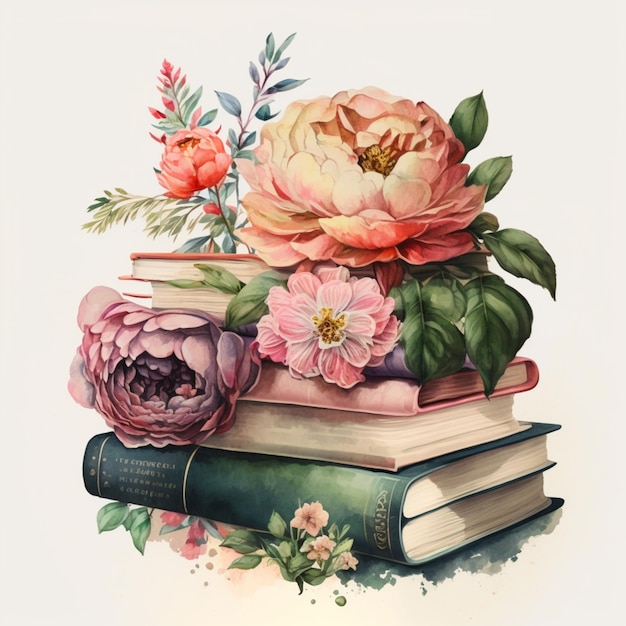 There are many books and flowers on top of each other generative ai