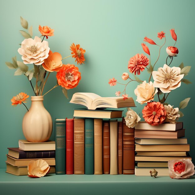 there are many books and flowers in a vase on a table generative ai