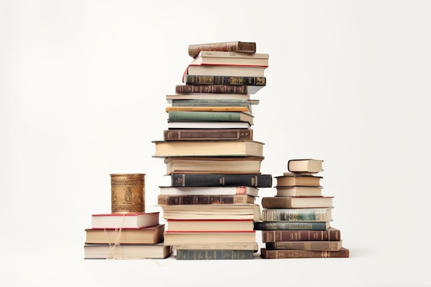 there are many books stacked on top of each other on a table generative ai