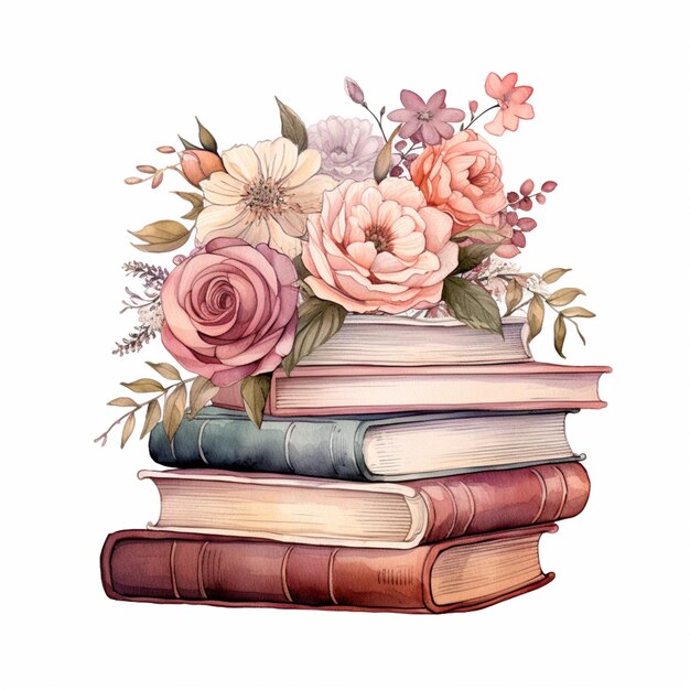 There are many books stacked on top of each other with flowers generative ai