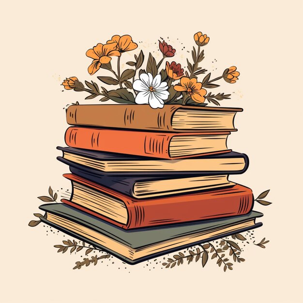 Photo there are many books stacked on top of each other with flowers generative ai