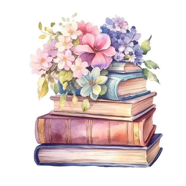 There are many books stacked on top of each other with flowers on top generative ai