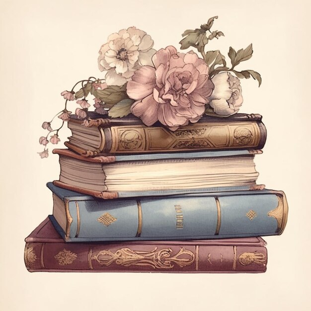 there are many books stacked on top of each other with flowers on top generative ai