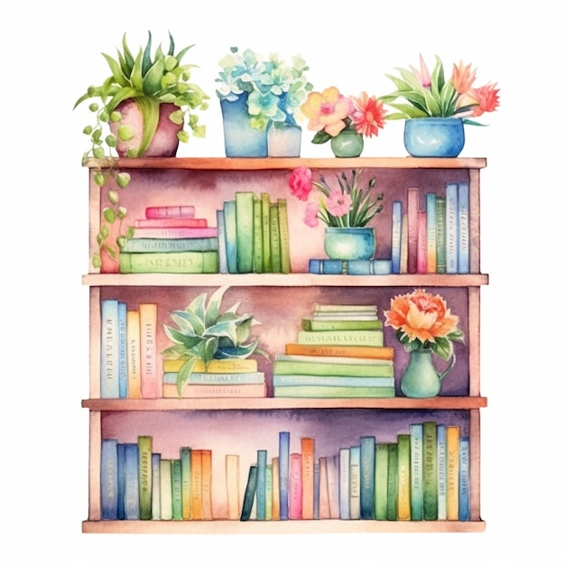 There are many bookshelves with plants and books on them generative ai