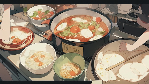 There are many bowls of food on the stove with chopsticks generative ai