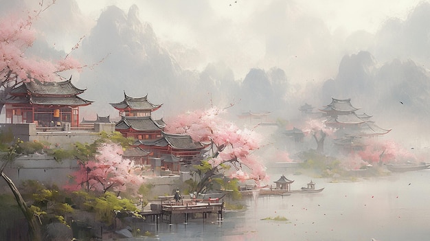 There are many buildings on the shore of a lake with pink flowers generative ai