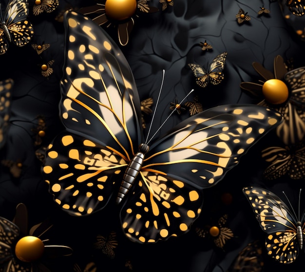 Photo there are many butterflies that are all black and gold generative ai