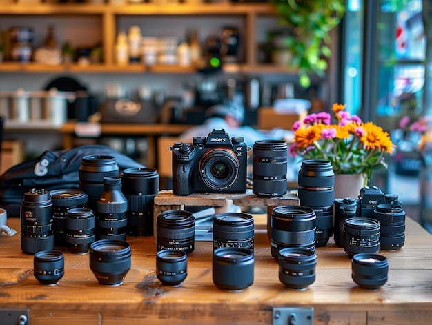 Photo there are many cameras and lenses on a table with flowers generative ai